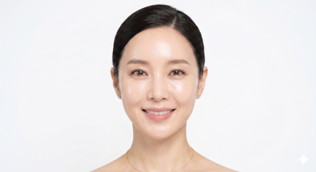 쥬베룩 스킨 효과로 피부 속부터 투명하게 차오르는 광채를 가진 여성의 정면 피부
