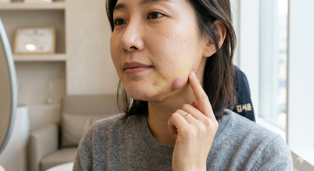 리투오 결절 (멍울) 부작용 증상을 거울로 확인하며 손가락으로 가리키고 있는 30대 한국인 여성의 모습
