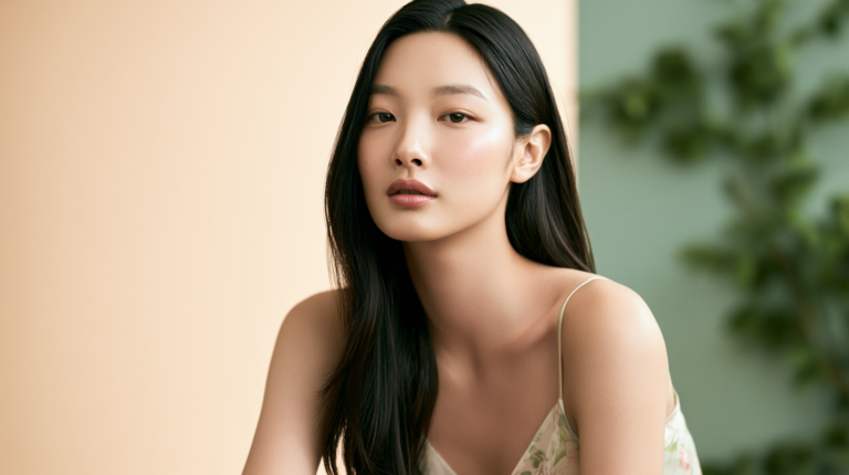 리투오 리쥬란 차이를 다루는 콘텐츠의 대표 이미지, 맑고 윤기 있는 피부결을 표현한 동양 여성 뷰티 에디토리얼 컷
