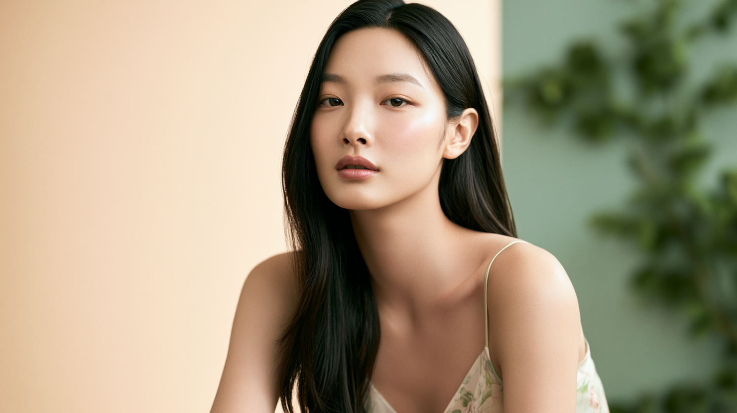 리투오 리쥬란 차이를 다루는 콘텐츠의 대표 이미지, 맑고 윤기 있는 피부결을 표현한 동양 여성 뷰티 에디토리얼 컷
