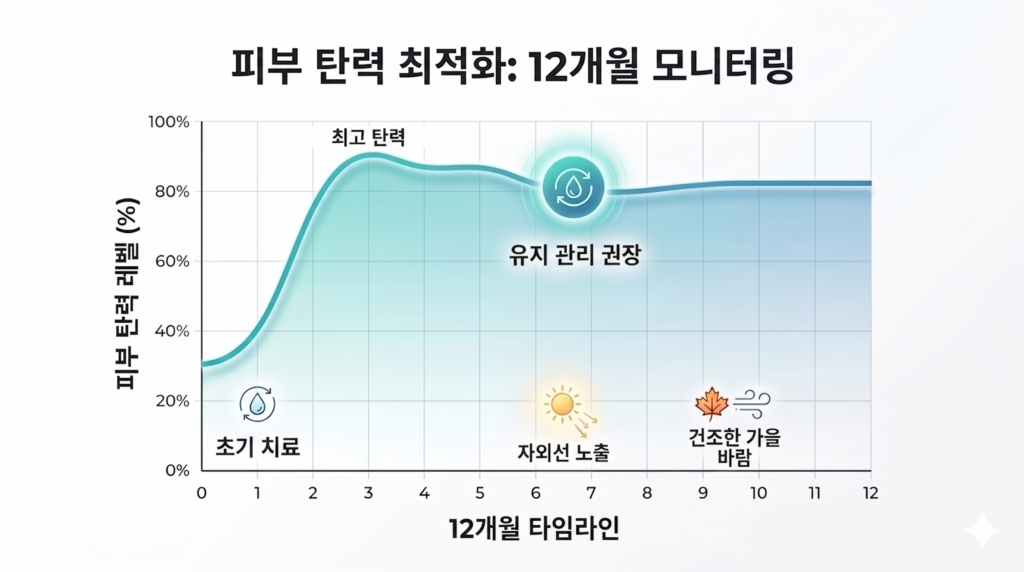 6개월에서 1년 동안 유지되는 효과와 이에 따른 리쥬란 주기별 유지관리 타이밍 그래프
