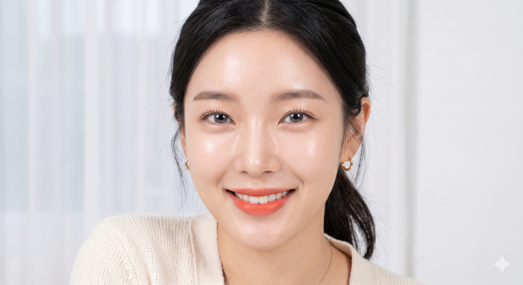 리쥬란 주기에 맞춰 시술을 받은 30대 한국 여성의 정면 얼굴 클로즈업
