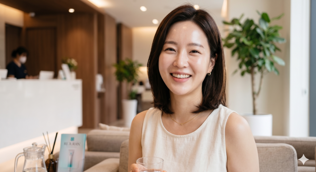 리쥬란 쥬베룩 차이를 고민하는 30대 여성이 피부과 시술 후 밝고 생기 있는 피부로 미소 짓고 있는 모습
