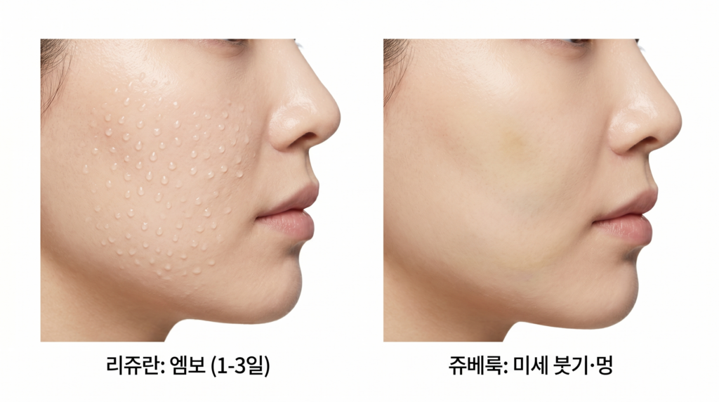 리쥬란 쥬베룩 차이 시술 후 반응 비교. 리쥬란 시술 직후의 엠보싱 현상과 쥬베룩 시술 후 발생하는 가벼운 붓기 및 멍 안내
