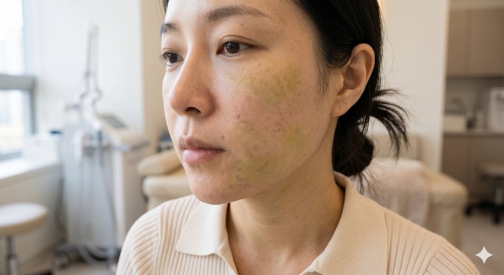 리쥬란 부작용으로 생겼던 멍이 노랗고 연하게 흐려지며 회복 단계에 접어든 30대 한국 여성의 피부 상태
