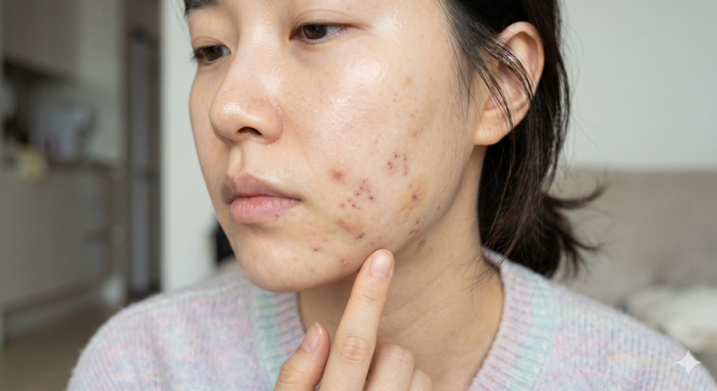 리쥬란 부작용으로 인해 얼굴 뺨 부위에 미세한 주삿바늘 자국과 붉고 노란 멍이 든 20대 한국 여성의 피부 확대 모습
