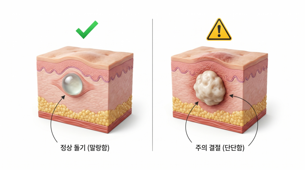 리쥬란 부작용 걱정을 덜어주는 정상 돌기와 주의가 필요한 단단한 멍울 결절 비교
