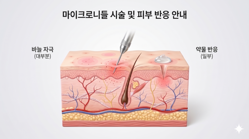 리쥬란 부작용의 원인이 되는 주삿바늘 자극과 약물 반응을 설명하는 피부 단면 인포그래픽
