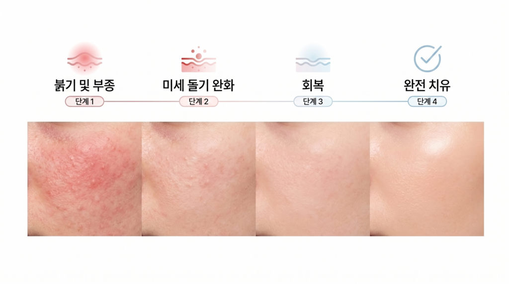 리쥬란 부작용 중 정상 범위에 속하는 붉어짐과 엠보싱 돌기가 시간이 지나며 사라지는 과정
