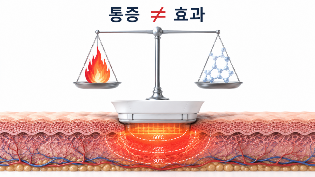 세르프 통증, 정말 써마지보다 덜 아플까? 세르프 통증과 시술 효과가 비례하지 않는다는 내용을 설명하는 인포그래픽