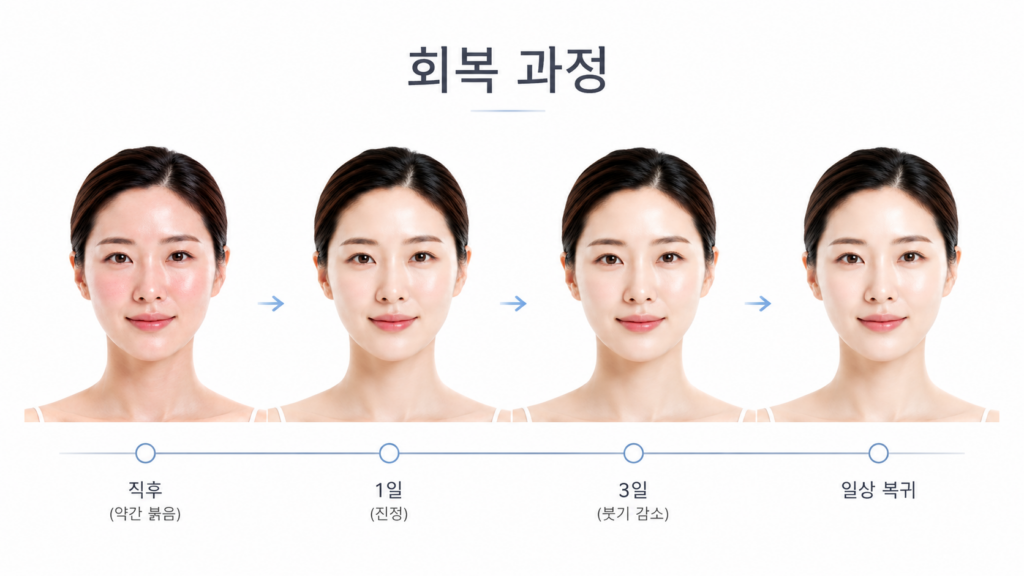 세르프 통증, 정말 써마지보다 덜 아플까? 세르프 통증 이후 붉은기와 붓기 회복 과정을 설명하는 이미지