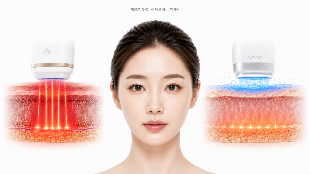 세르프 통증, 정말 써마지보다 덜 아플까? 세르프 통증과 써마지 통증 차이를 보여주는 고주파 열 전달 인포그래픽