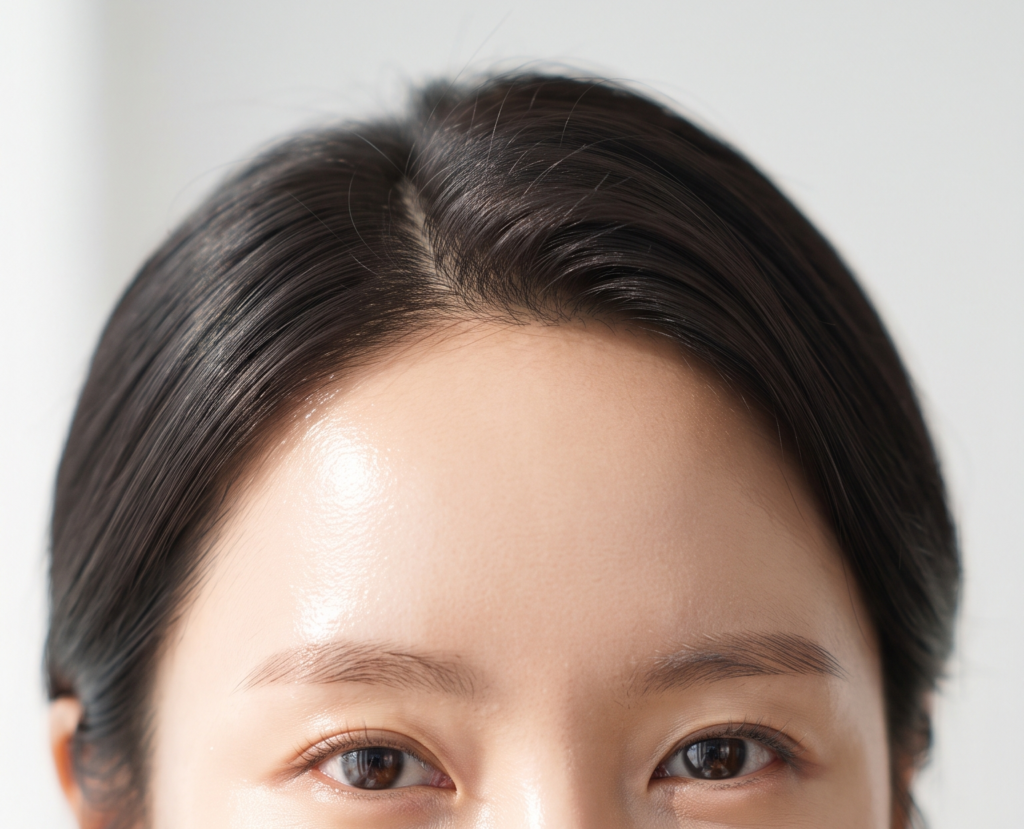 압구정 이마필러 시술 후 매끈하고 자연스럽게 완성된 이마의 모습

