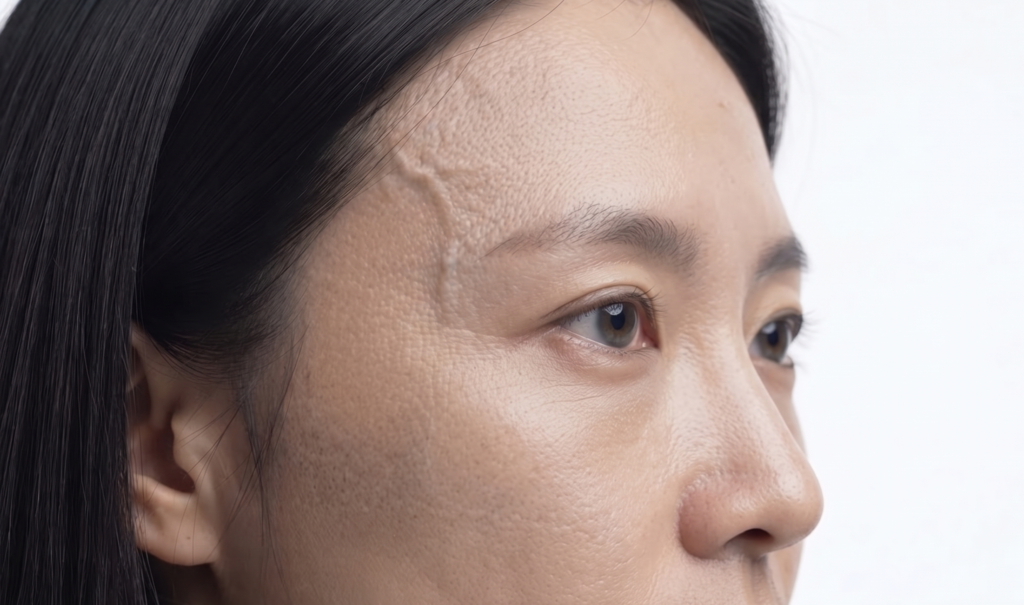 압구정 이마필러 시술 시 피부와 뼈 사이의 얇은 구조를 보여주는 의학적 실사 이미지
