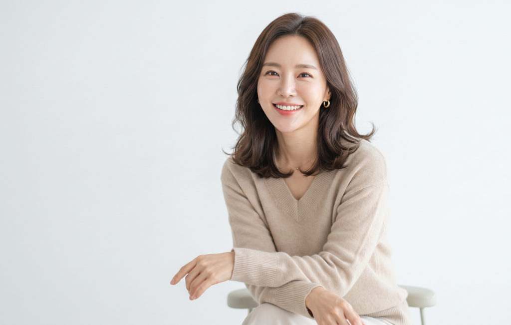 강남 턱필러 시술 후 만족스러운 표정의  여성
