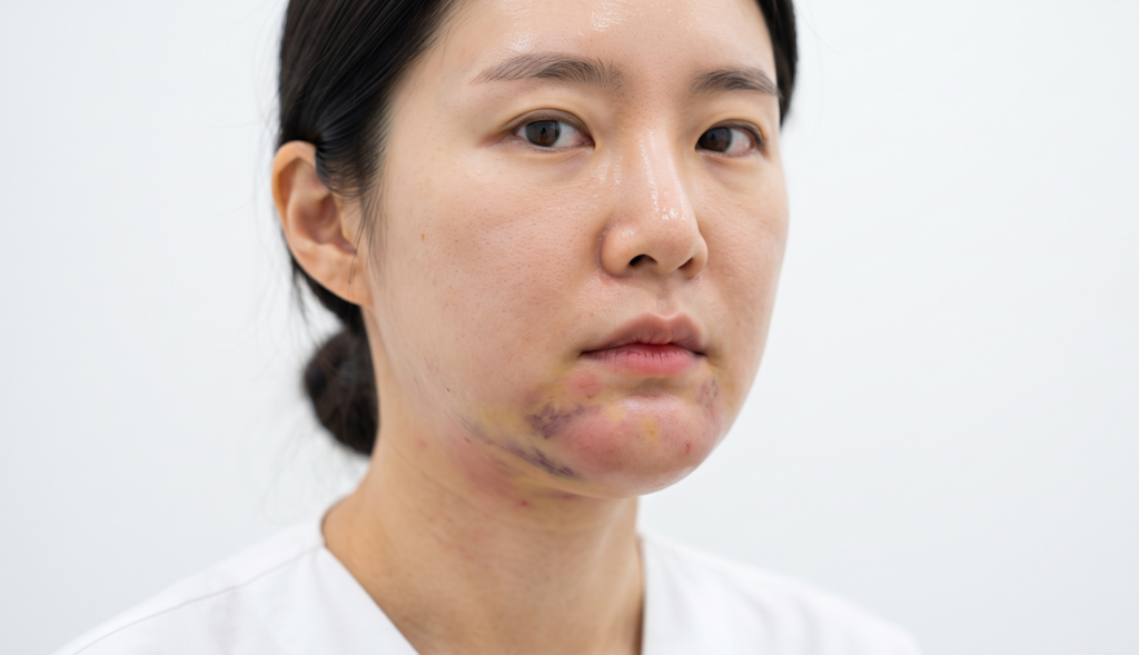 강남 턱필러 시술 후 발생하는 일반적인 붓기와 멍 증상을 보여주는 여성 환자의 모습
