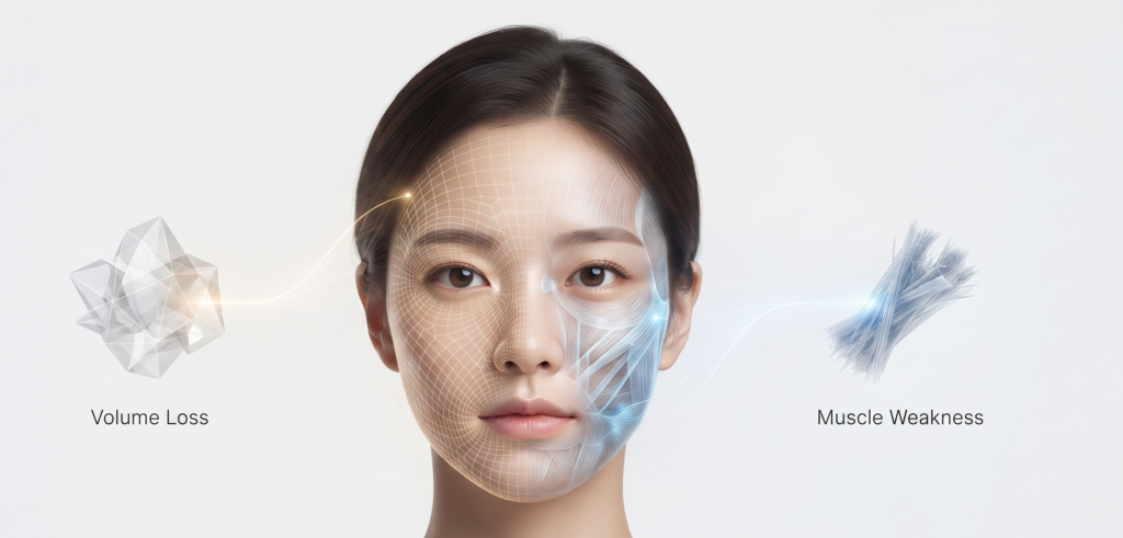 강남 엠페이스 피부과에서 제공하는 정밀한 얼굴 분석: 피부 노화의 원인인 볼륨 손실과 근육 약화를 3D 와이어프레임과 근육 지도로 시각화하여 보여주는 진단 이미지
