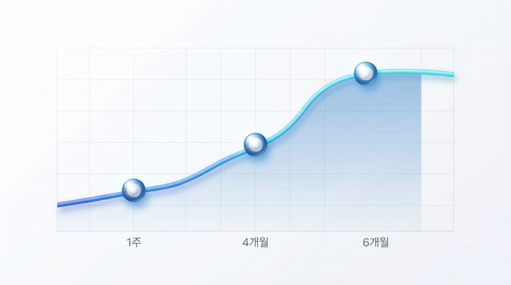 쥬브젠 팔자주름, 필러와 6개월 뒤 이것이 달라졌습니다 쥬브젠 팔자주름 병용 시술과 단독 시술의 1주, 4개월, 6개월 시점 개선도 점수(GAIS) 변화 그래프