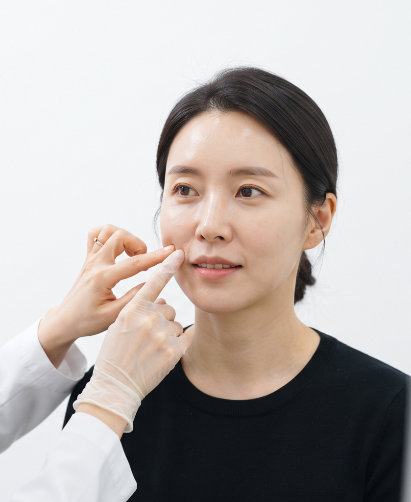 쥬브젠 팔자주름, 필러와 6개월 뒤 이것이 달라졌습니다 쥬브젠 팔자주름 시술이 제한될 수 있는 피부 처짐 및 꺼짐 현상을 진단하는 모습을 담은 실사 이미지