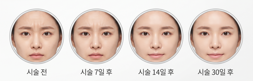 미간주름 쥬브젠 시술 후 1주, 2주, 1개월 경과별 피부 변화
