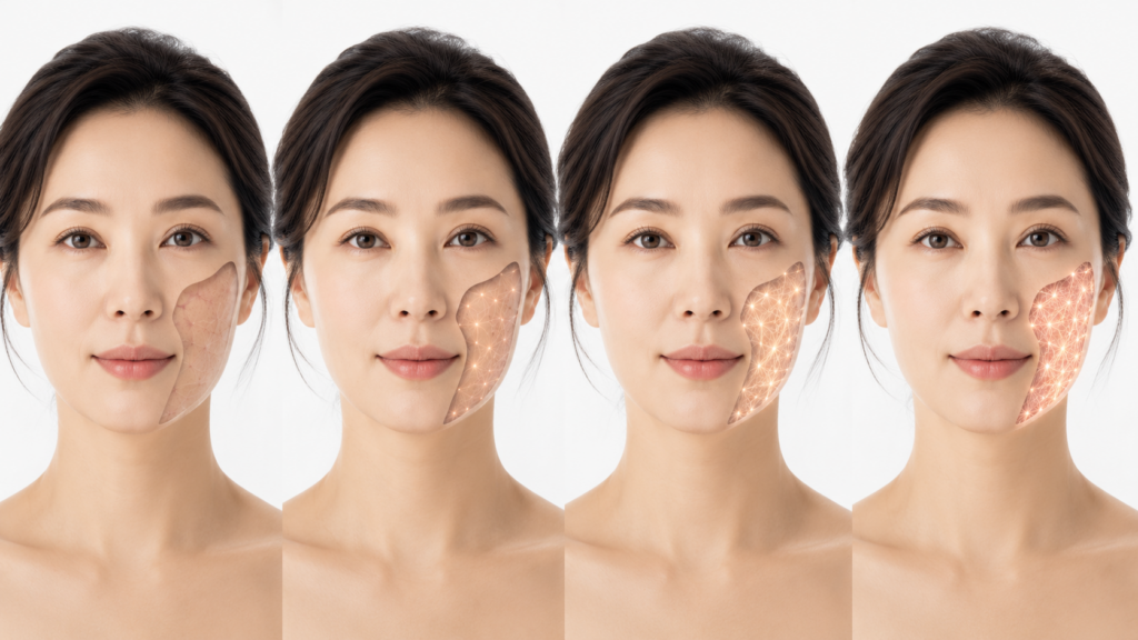 세르프 유지기간은 피부 속 콜라겐 생성 과정에 따라 결정되는 모습을 표현한 이미지
