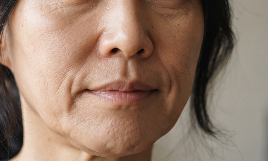 턱선 및 볼 처짐, 잔주름, 탄력 저하가 고민인 피부를 클로즈업한 울쎄라 써마지 시술 관련 피부 상태 이미지
