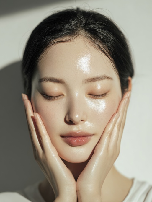 이마와 볼 중심으로 부착되는 엠페이스효과와 시술 적용 부위의 범위를 보여주는 얼굴 클로즈업 모델 이미지
