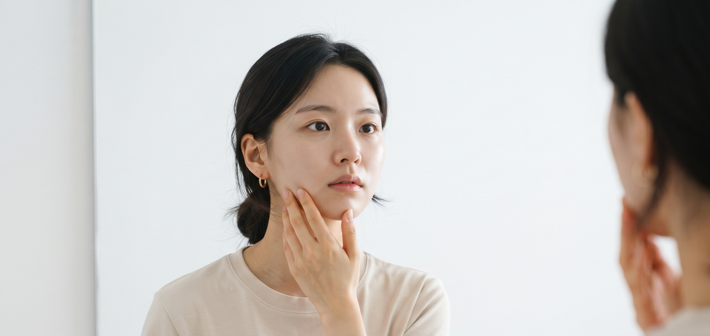 온다리프팅부작용으로 거울 앞에서 자신의 얼굴형과 턱밑 근육을 직접 만져보며 확인하는 모습
