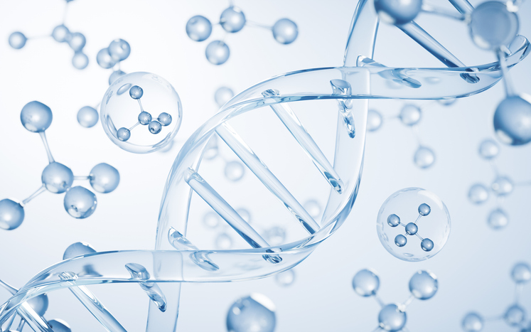 써마지효과와 콜라겐 수축 원리를 설명하는 DNA 및 분자 구조 3D 그래픽 이미지
