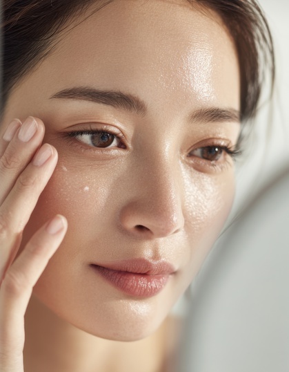 거울을 보며 피부 결이나 잔주름 등 고민 부위를 체크하는 모습, 개인별 맞춤 상담을 통해 올바른 써마지 효과를 기대하기 위한 진료 전 과정
