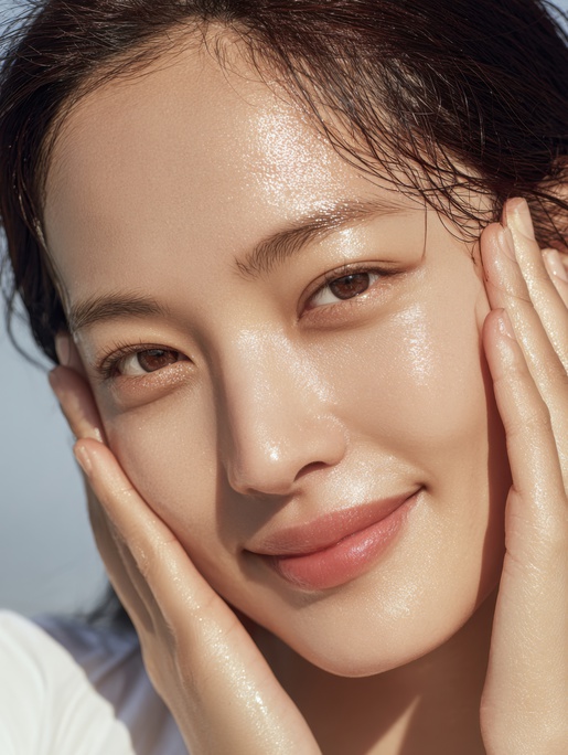 피부 탄력을 관리하는 밝은 표정의 여성 모습, 처짐 예방과 콜라겐 재생을 돕는 써마지 효과 설명 이미지
