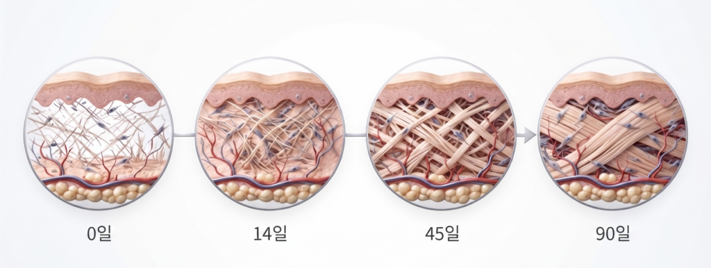 써마지 시술 후 2~3개월에 걸쳐 천천히 진피층에서 콜라겐이 생성되는 써마지 효과 변화 과정

