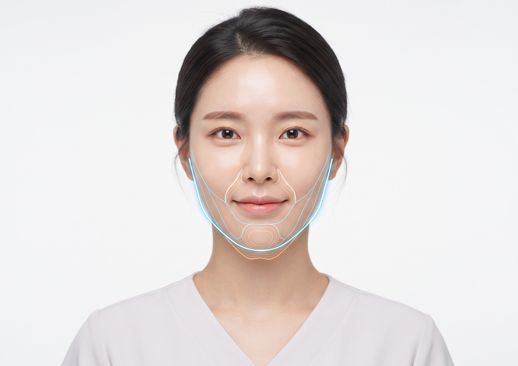 울쎄라효과없는이유 중 울쎄라 효과가 좋은 이중턱과 턱선 부위를 시각화한 해부학적 실사 이미지
