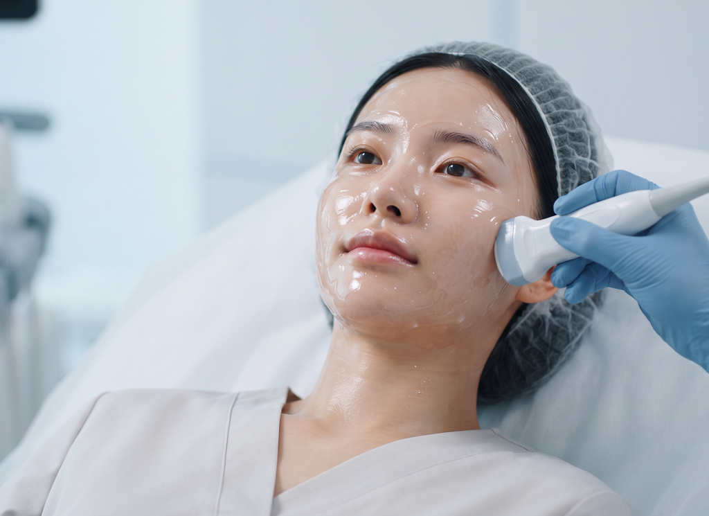 울쎄라효과없는이유를 파악하기 위해 시술 전 초음파 젤을 바르고 얼굴 전체를 정밀하게 진단하는 모습
