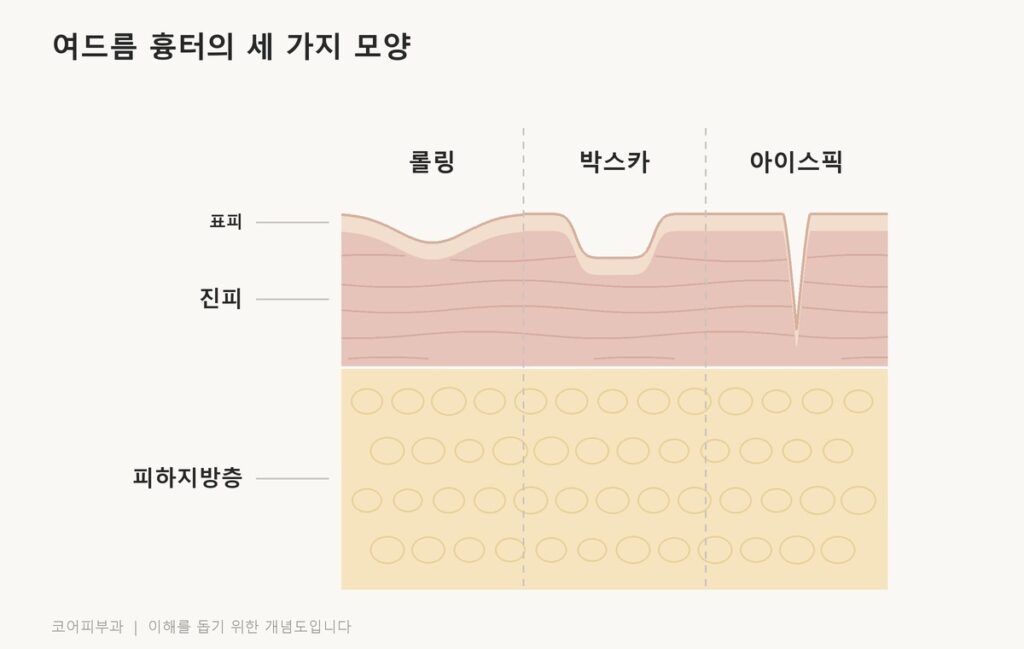 롤링, 박스카, 아이스픽 세 가지 여드름 흉터의 모양을 비교한 피부 단면도