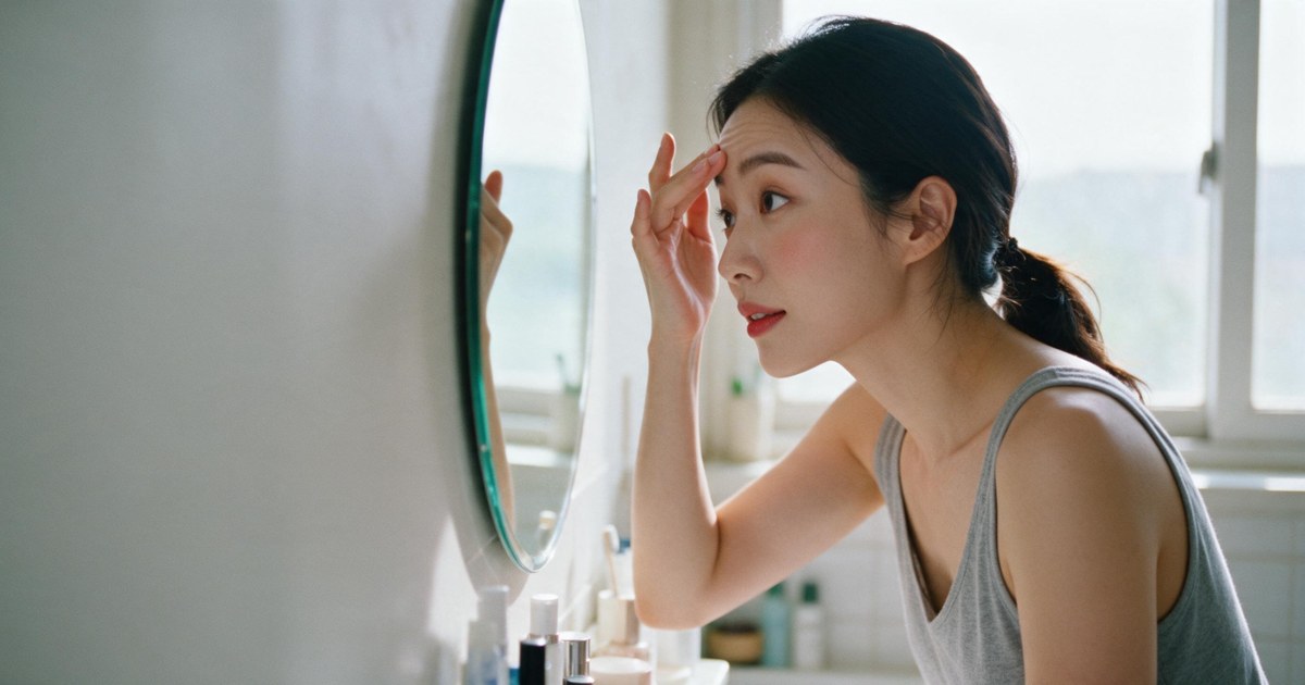 보톡스 전후 글 대표 이미지, 창가 거울 앞에서 이마와 미간을 살펴보는 여성