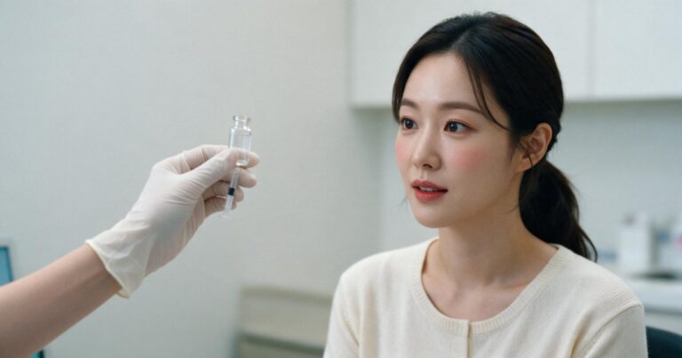 보톡스 가격 글 대표 이미지, 상담실에서 의료진이 든 작은 약병과 주사기를 바라보는 여성