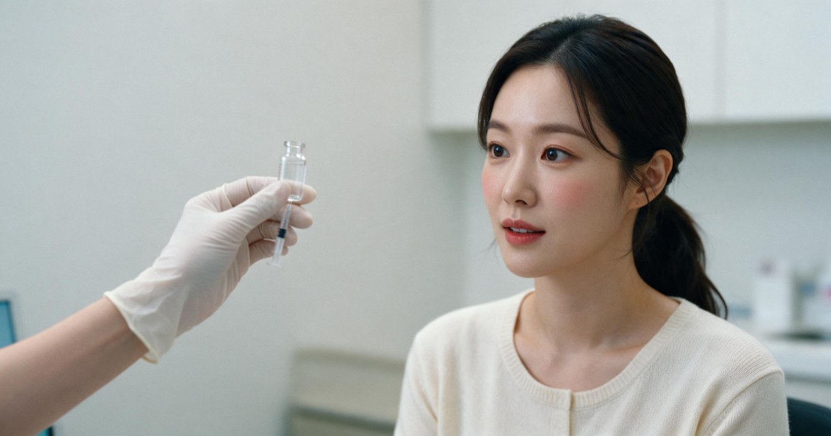 보톡스 가격 글 대표 이미지, 상담실에서 의료진이 든 작은 약병과 주사기를 바라보는 여성