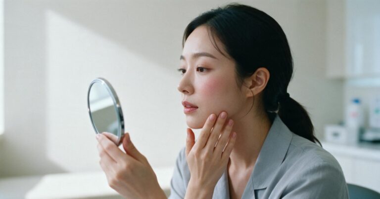 쿨소닉 유지기간을 고민하며 거울로 턱선을 살펴보는 여성