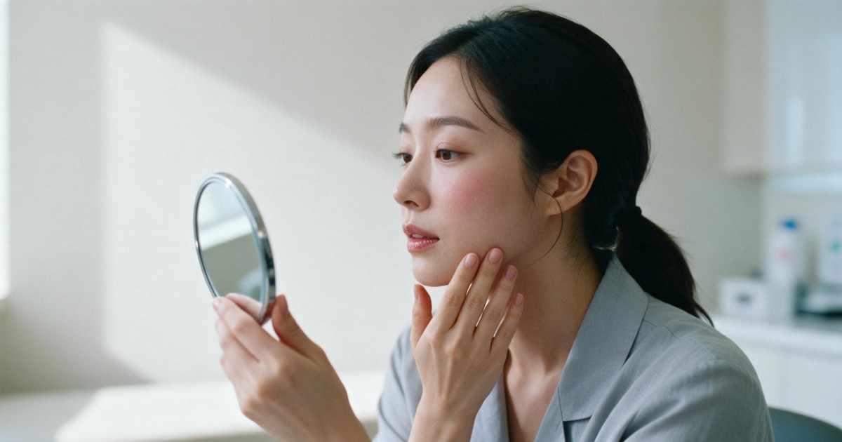 쿨소닉 유지기간을 고민하며 거울로 턱선을 살펴보는 여성