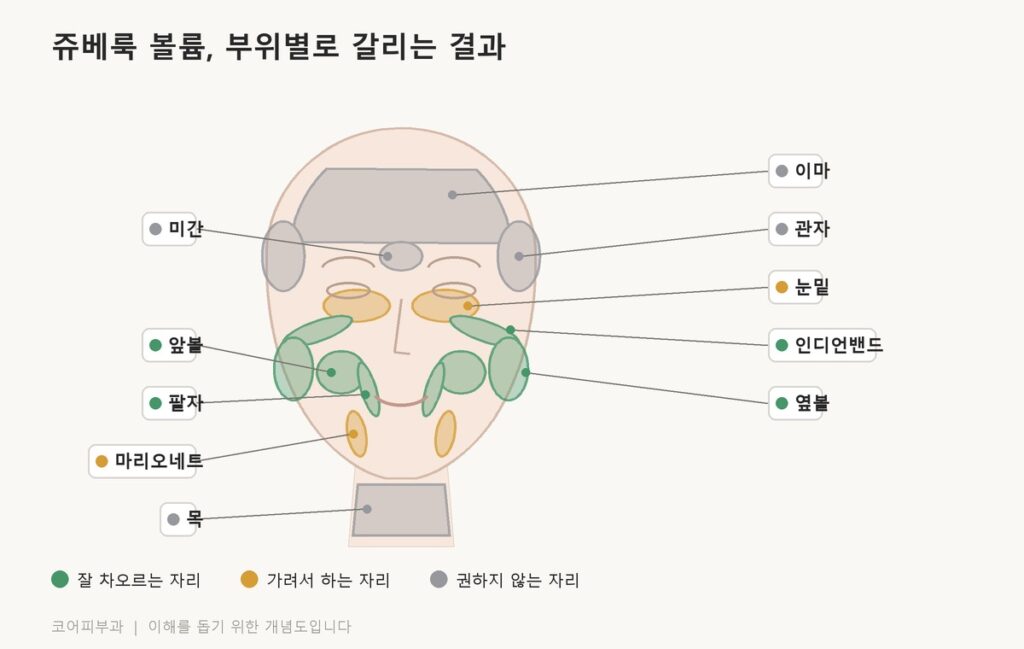 쥬베룩 볼륨 효과, 후기가 극과 극인 이유는? 쥬베룩 볼륨이 잘 차오르는 자리와 가려서 하는 자리, 권하지 않는 자리를 얼굴 그림에 표시한 부위 지도