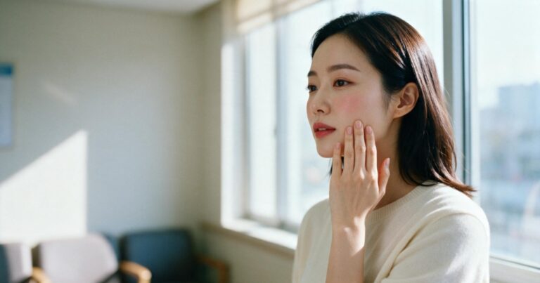 쥬베룩 볼륨 효과를 알아보며 창가에서 뺨을 만져 보는 여성