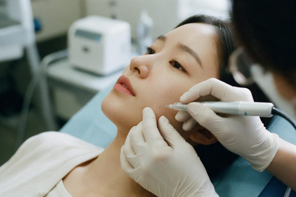 뺨에 표시한 구역을 따라 가는 바늘이 달린 핸드피스로 주입하는 시술 장면