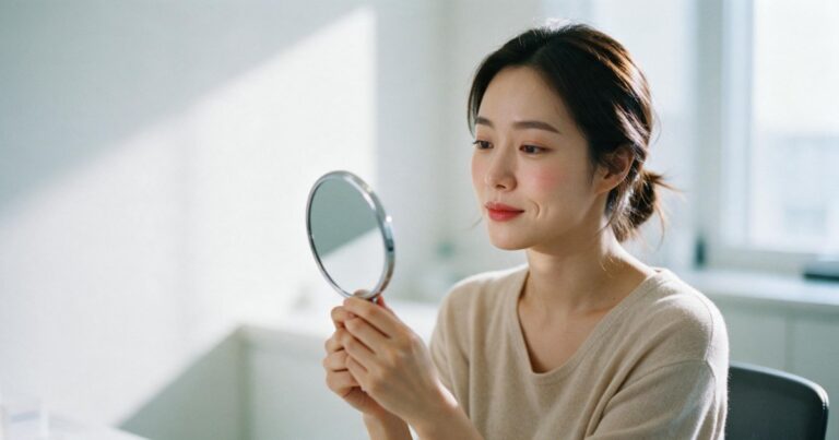 쥬브젠 가격을 알아보며 손거울로 뺨과 입가를 살펴보는 여성