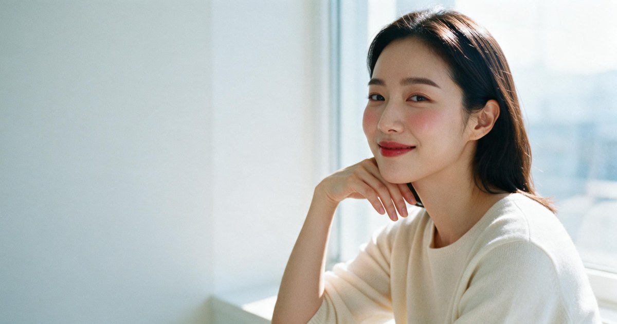 온다리프팅 가격 글 대표 이미지, 창가에서 손끝을 턱선에 댄 채 미소 짓는 여성