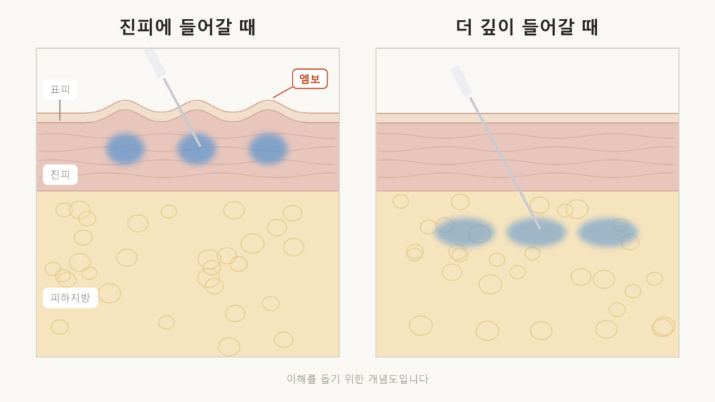 리쥬란 후기, 좋았다와 모르겠다로 갈리는 두 가지 이유 리쥬란이 얕은 진피층에 들어갈 때와 그보다 깊은 층에 들어갈 때의 주입 위치를 비교한 피부 단면 개념도