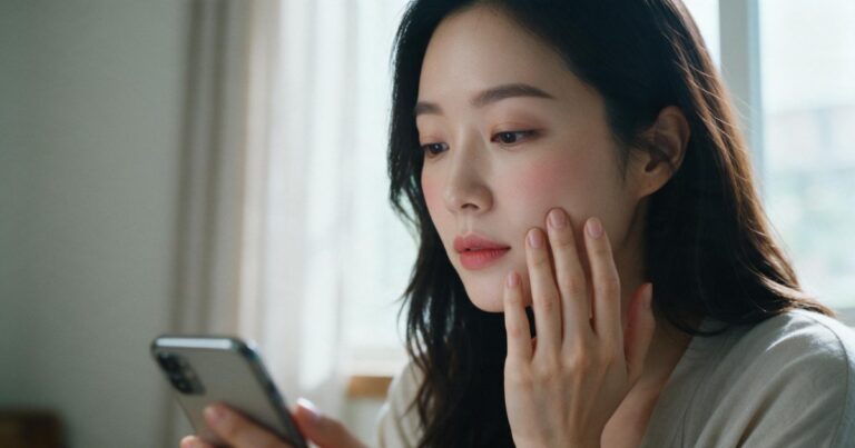 리쥬란 후기 글 대표 이미지, 창가에서 볼을 가볍게 만지며 휴대폰으로 후기를 읽는 여성