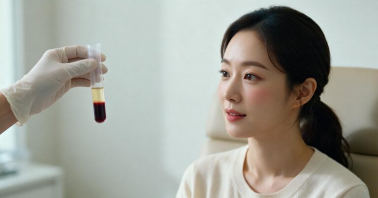 줄기세포주사 가격 글 대표 이미지, 원심분리로 층이 나뉜 혈액 튜브를 바라보는 여성