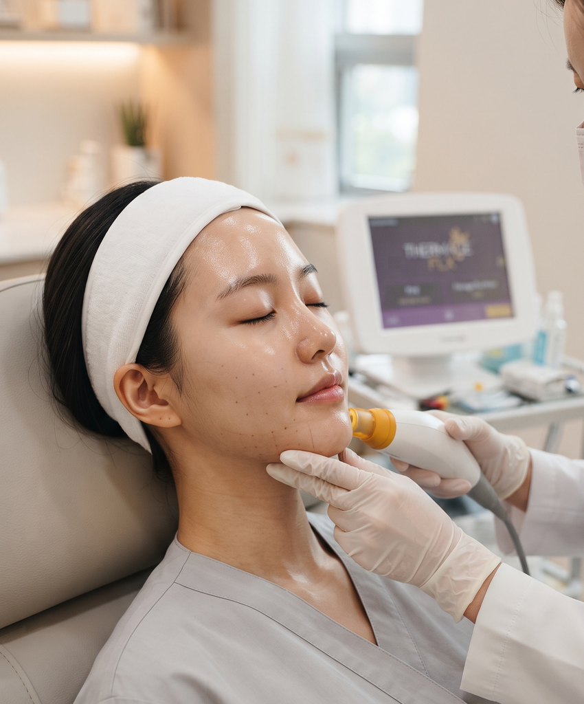 시술 범위에 따른 써마지 샷수 선택 기준을 설명하고 피부과에서 써마지 시술을 받고 있는 모습
