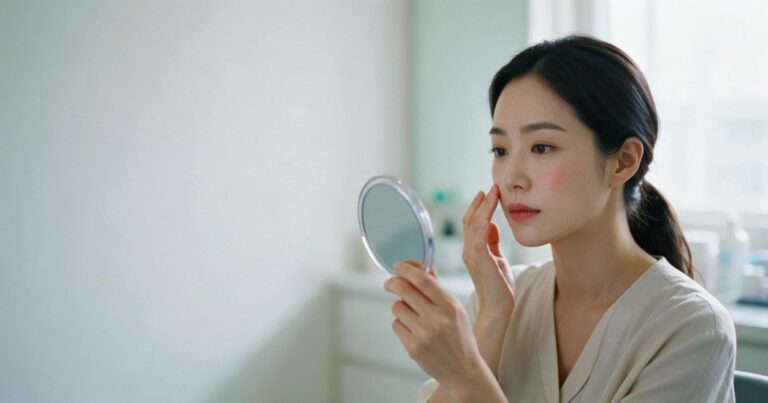 신사 써마지 상담 전 거울로 볼 피부를 살펴보는 여성
